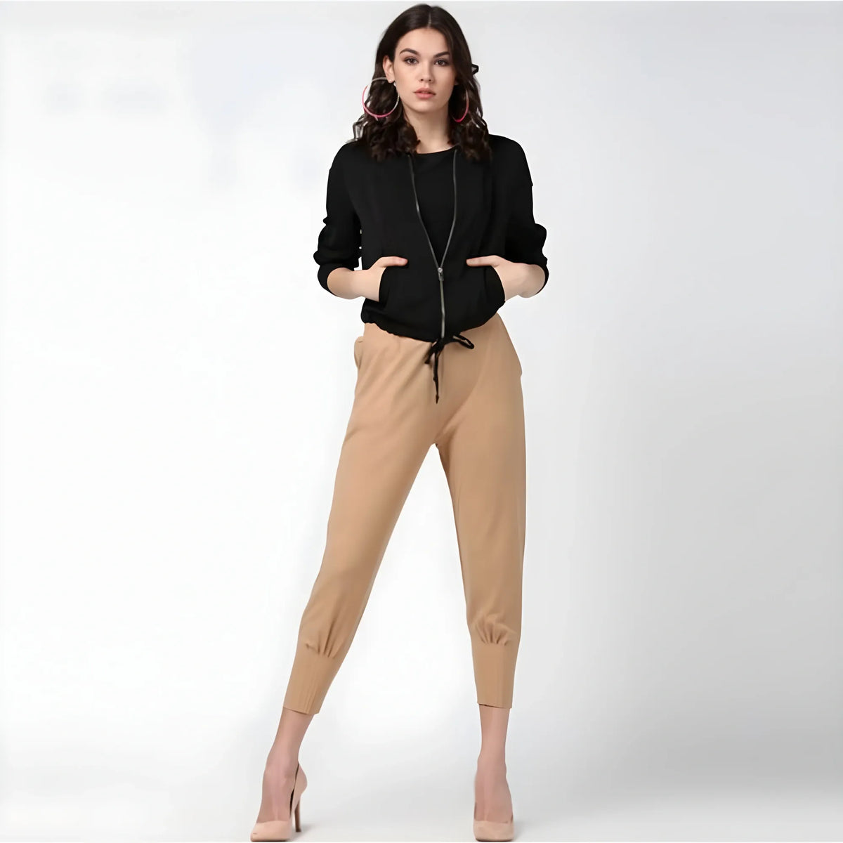 Women's Polyester Solid Elasticated Trousers (beige) | Women Signature Collection