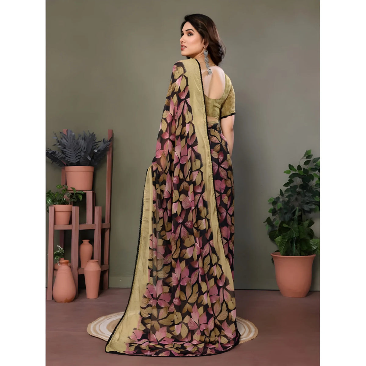Women's Chiffon Printed Saree With Unstitched Blouse 5.5Mtr  (Beige)