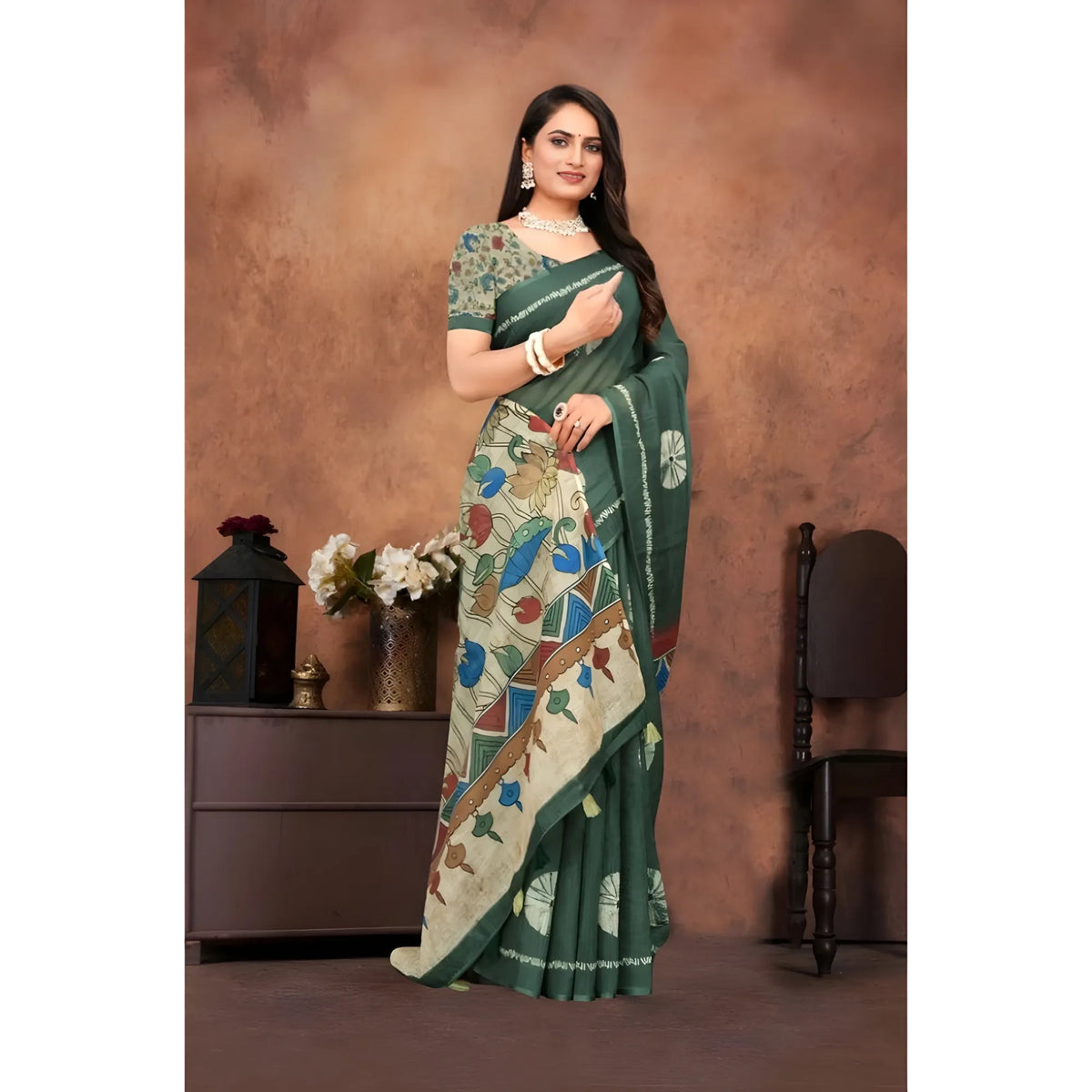 Women's Linen Printed Saree With Unstitched Blouse 5.5Mtr (Dark Green)