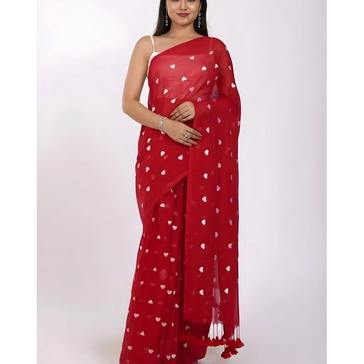 Women's Linen Printed Saree With Unstitched Blouse 5.5Mtr (Red)