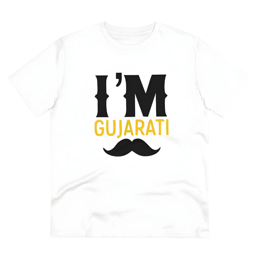 Men's PC Cotton I Am Gujarati Printed T Shirt (Color: White, Thread Count: 180GSM)