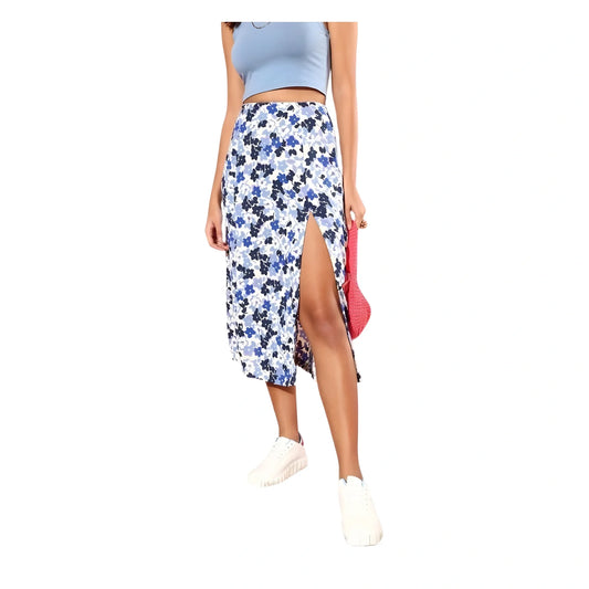 Women's Polyester Floral Side Zip Skirt (blue White) | Women Signature Collection