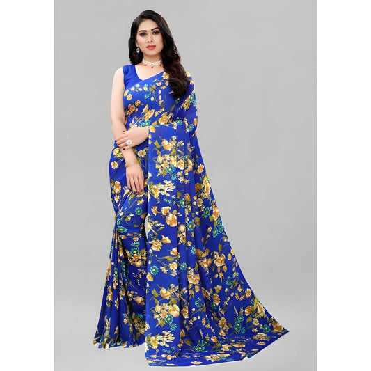 Women's Georgette Floral Printed Saree With Unstitched Blouse 5.5Mtr (Royal Blue)