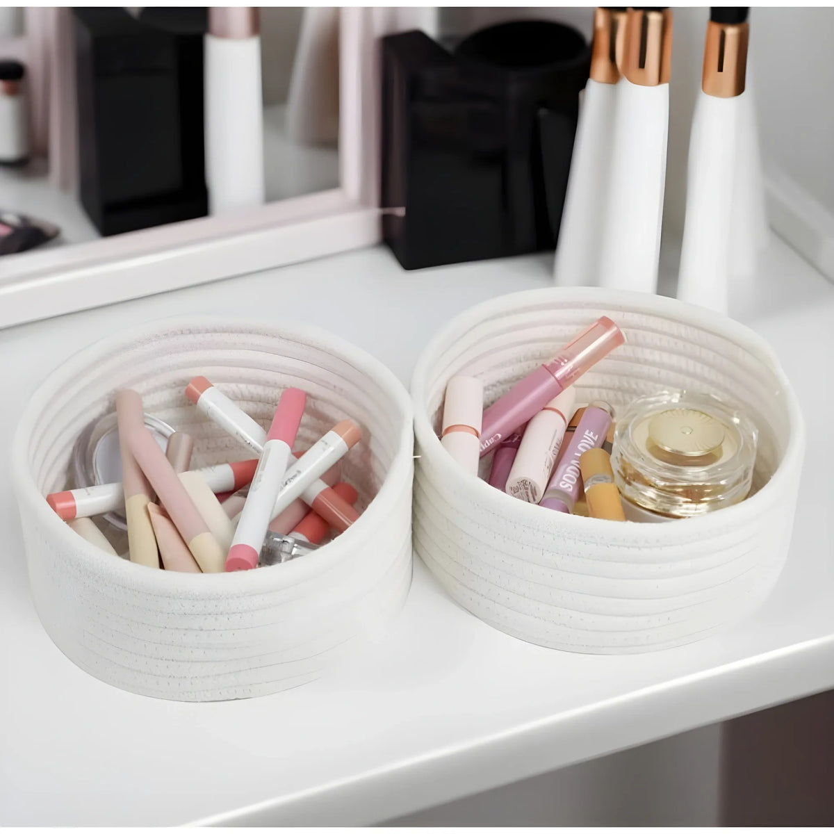 Cotton 8x3 Inch Round 3 Set Bedside Organizer With Out Lid (White)