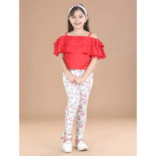 Girl's Cotton Lycra Floral Elasticated Jeggings (White-Pink)