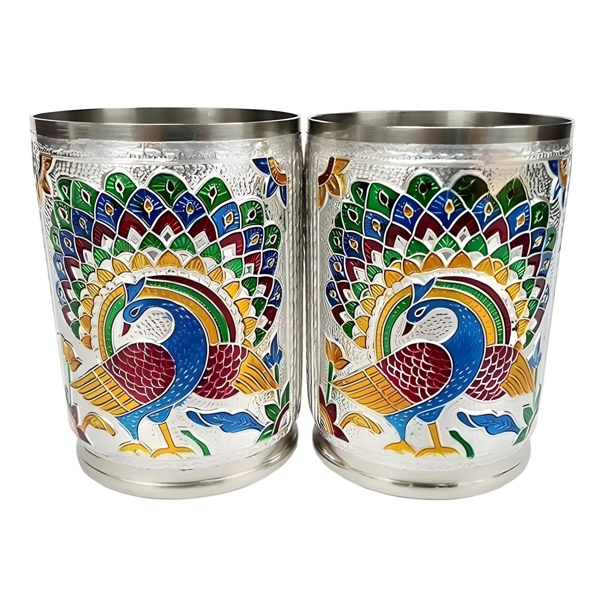 Steel Meenakari Peacock Design Decorative Glass Set (Silver)