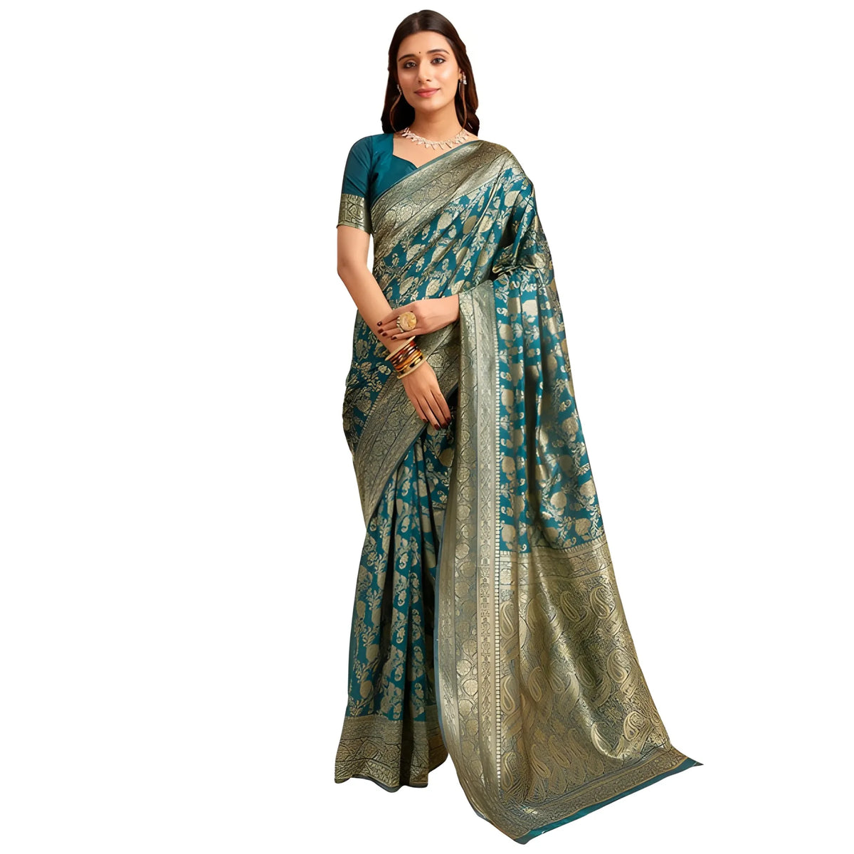 Women's Jacquard Printed Saree With Unstitched Blouse 5.5Mtr (Teal)
