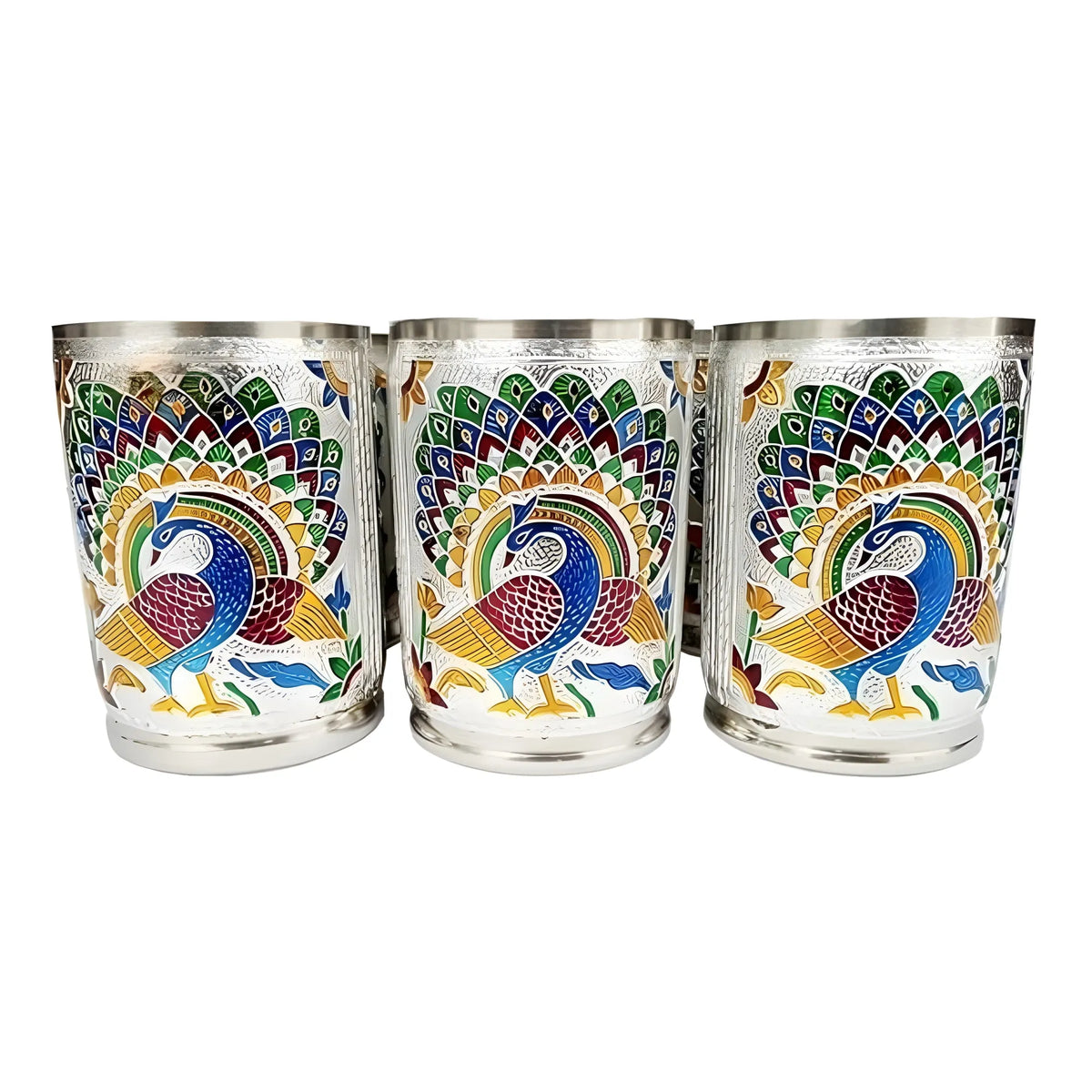 Steel Meenakari Peacock Design Decorative Glass Set (Silver)