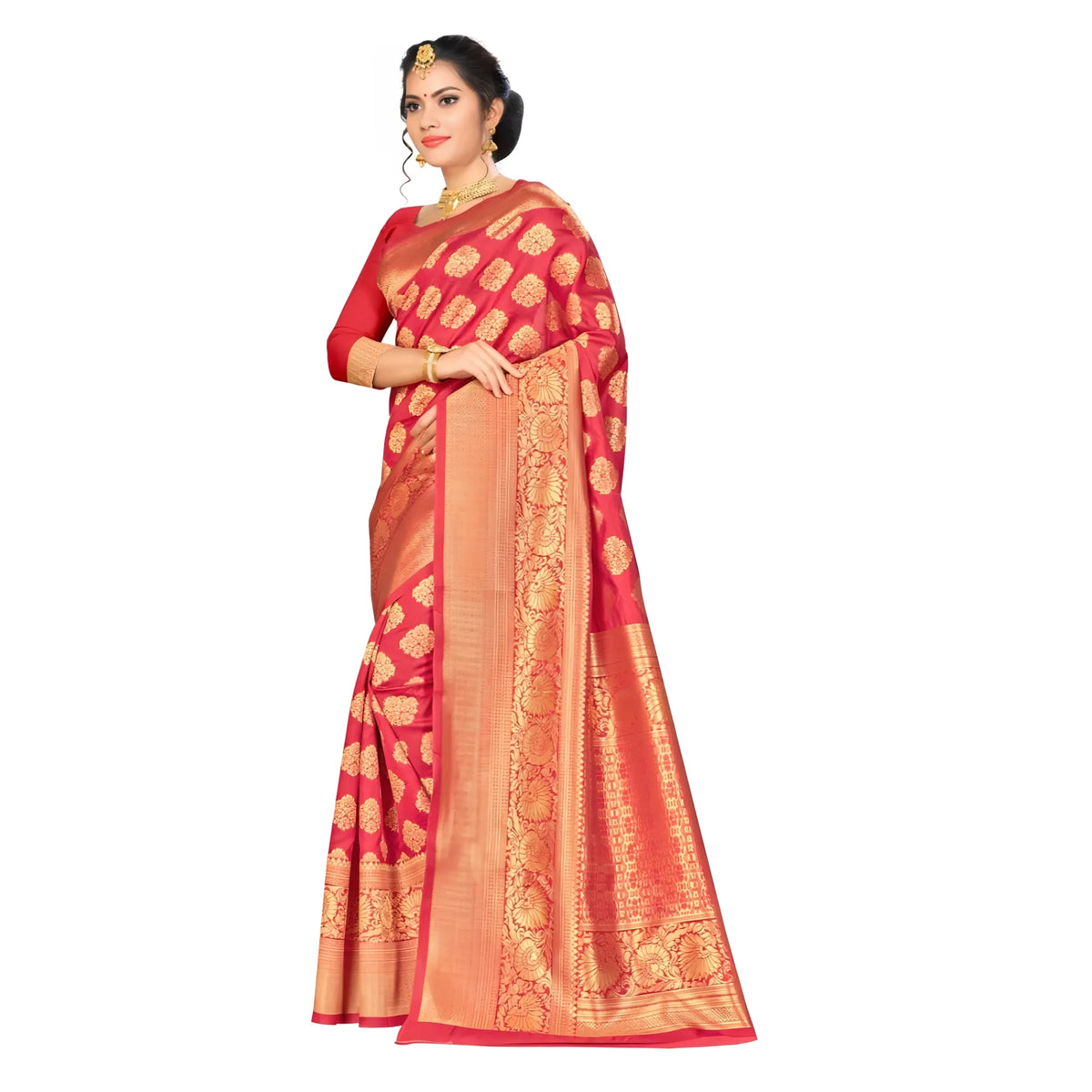 Women's Banarasi silk Saree with Blouse (Red, 5-6mtr)