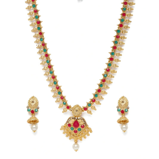 Women's Rose Gold Plated Alloy Necklace &amp; Earings Set (Green &amp; Red)