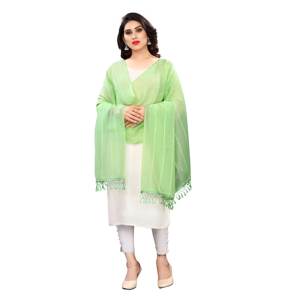 Women's Cotton Silk Strips Printed Dupatta (Parrot Green, Length:2-2.4 mtr)