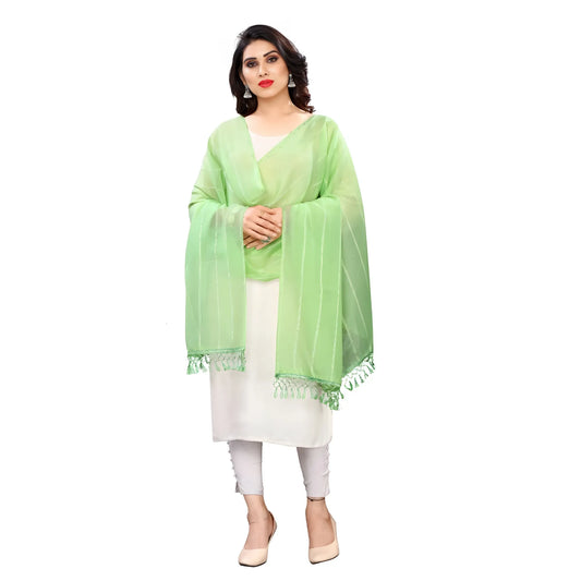Women's Cotton Silk Strips Printed Dupatta (Parrot Green, Length:2-2.4 mtr)