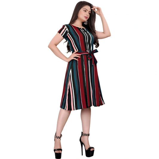 Women's Crep Striped Short Sleeve Dress (Red-Blue )