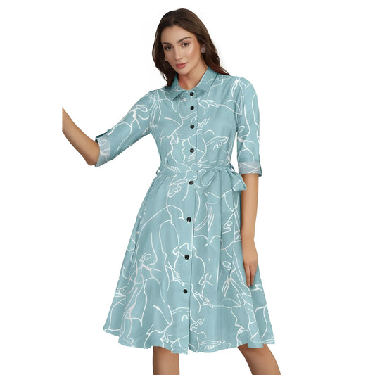 Women's Ruby Cotton Printed Shirt Collar 3-4th Sleeve Dress (Pista)