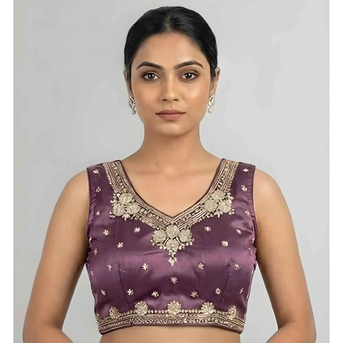 Ishara Silk Embroidered V-Neck Sleeveless Readymade Padded Blouse