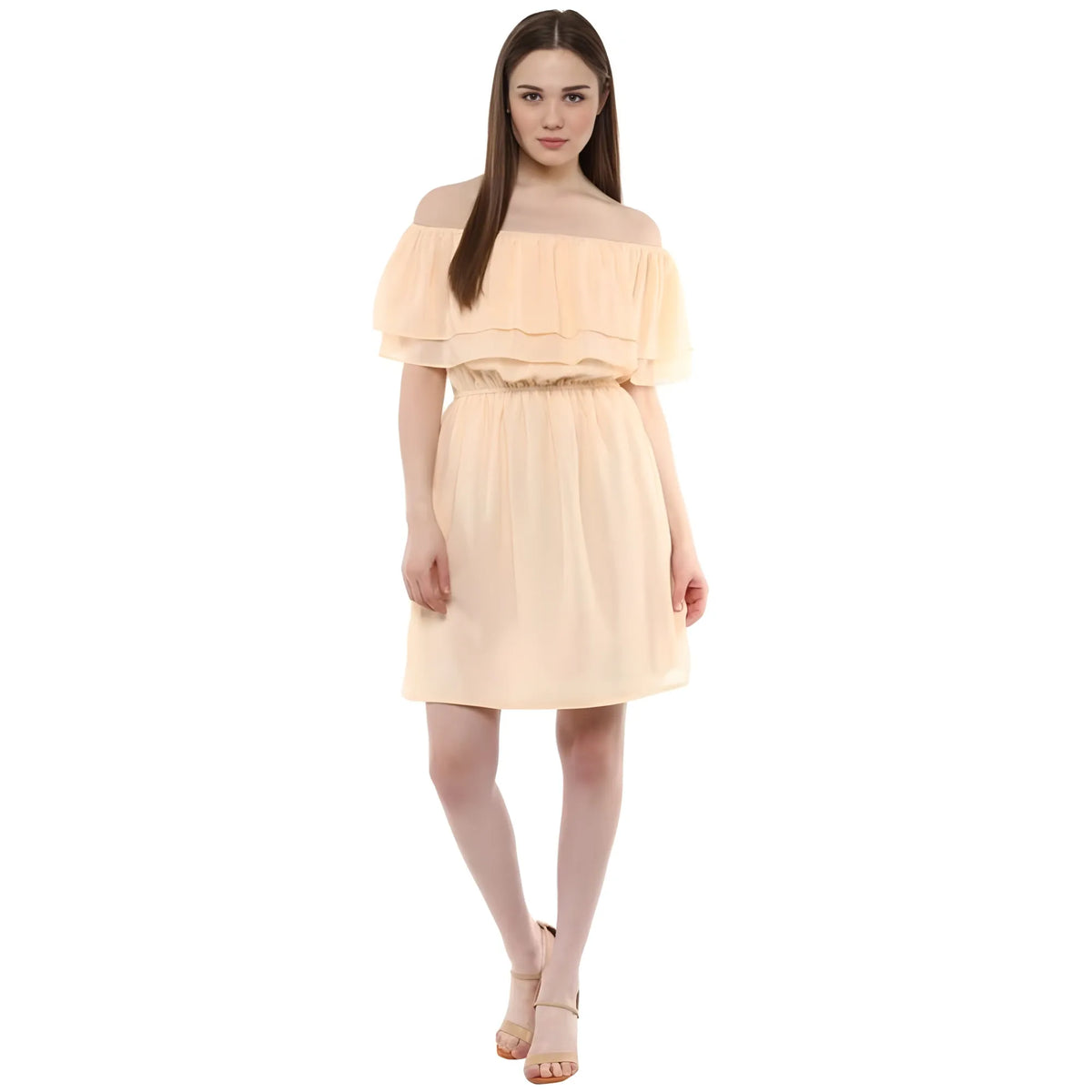 Women's Polyester Solid Sleeveless Knee-Length Dress (Beige)