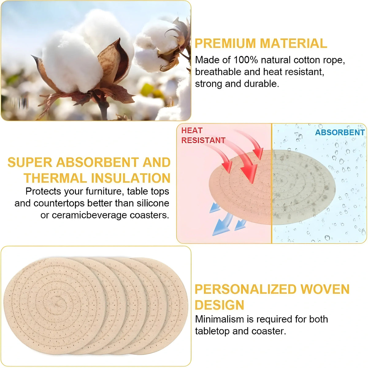 Cotton Rope Drink Coasters 6 Pcs Set (Cream)