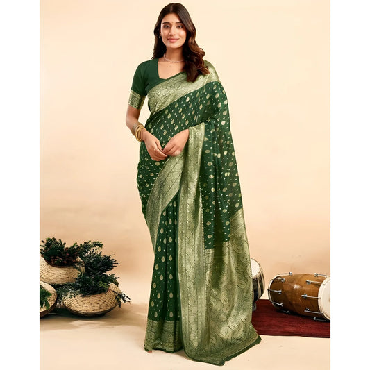 Women's Jacquard Printed Saree With Unstitched Blouse 5.5Mtr (Bottle Green)