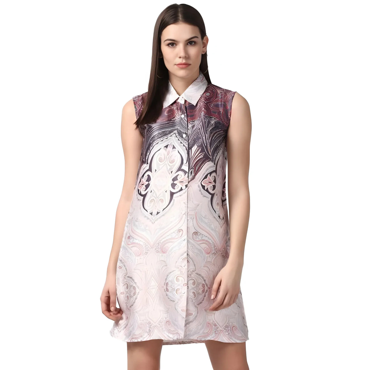 Women's Polyester Printed Sleeveless Above Knee Dress (Orange)