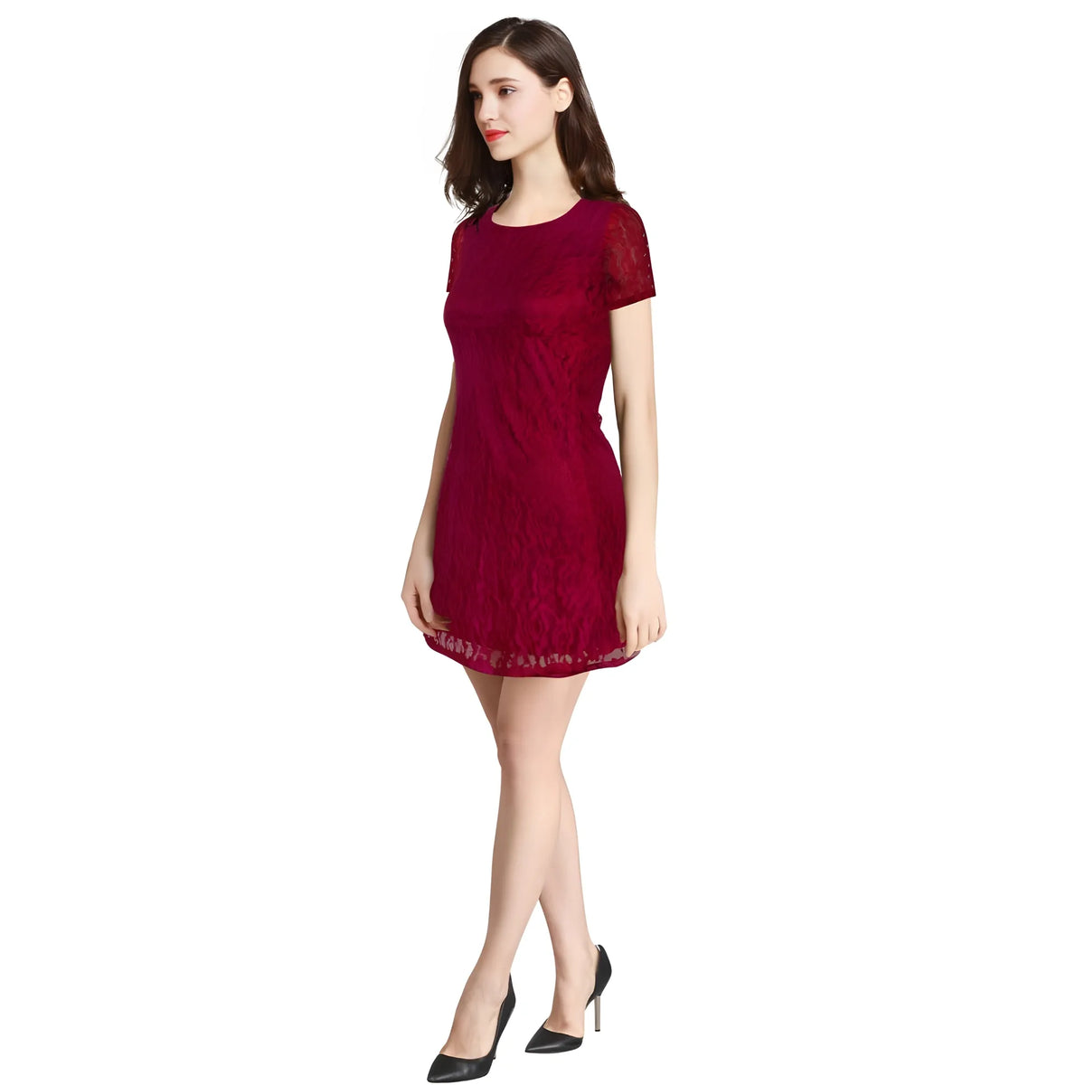 Women's Rasal Solid Round Neck Cap Sleeve Dress (Maroon)