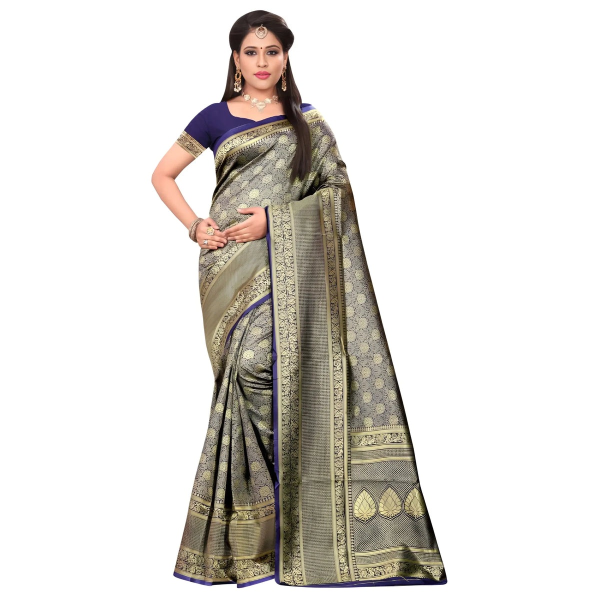 Women's Banarasi silk Saree with Blouse (Navy blue, 5-6mtr)
