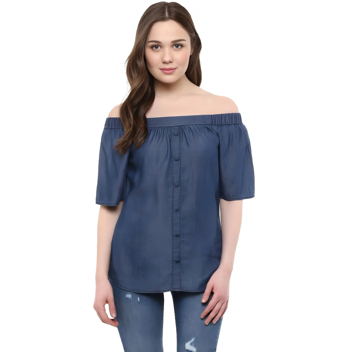 Women's Denim Solid Short Sleeve Regular Top (Blue)
