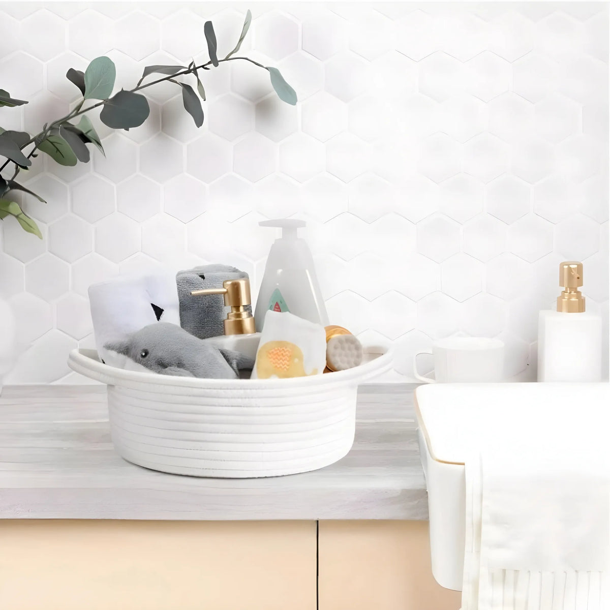 Cotton 8x3 Inch Round Bedside Organizer With Out Lid (White)