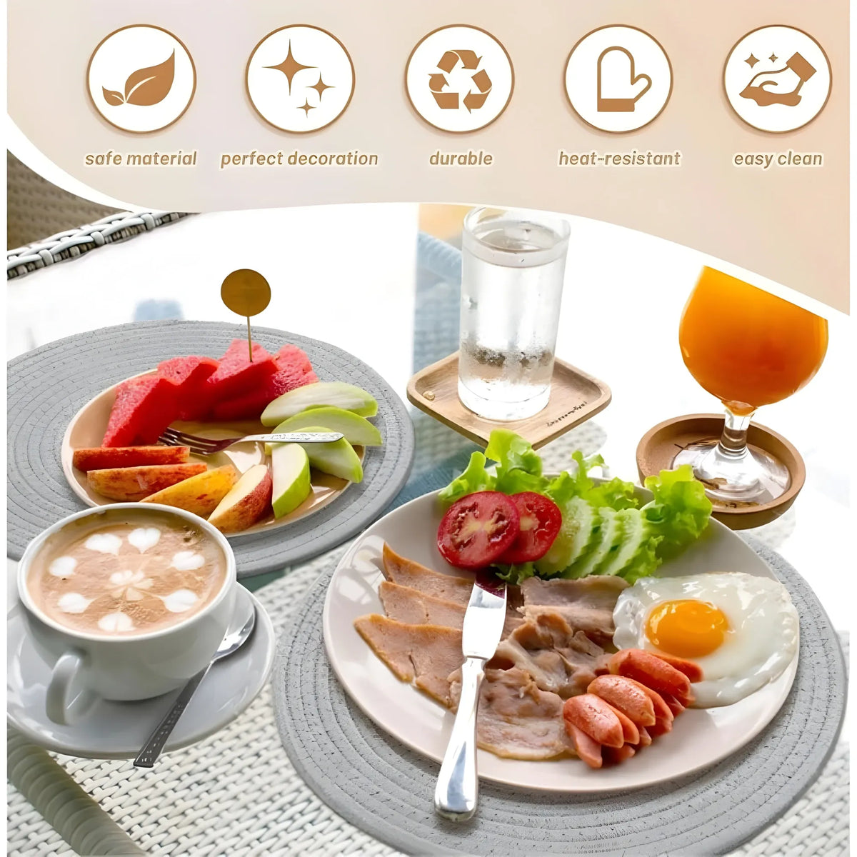 Cotton Dining Table Round Placemat Mats Set of 4 (Grey)