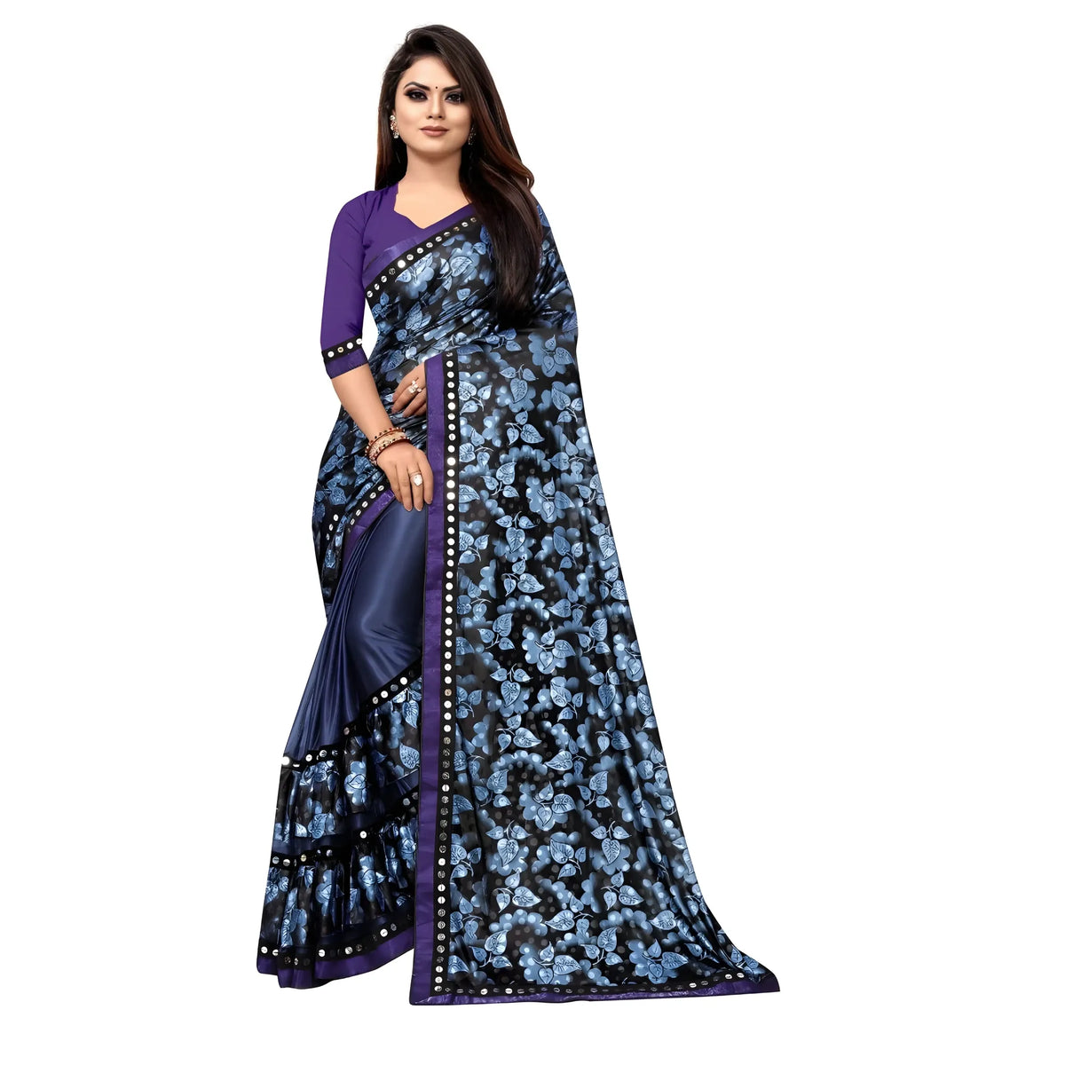 Women's Lycra Blend Saree with Blouse (Blue, 5-6 Mtrs)