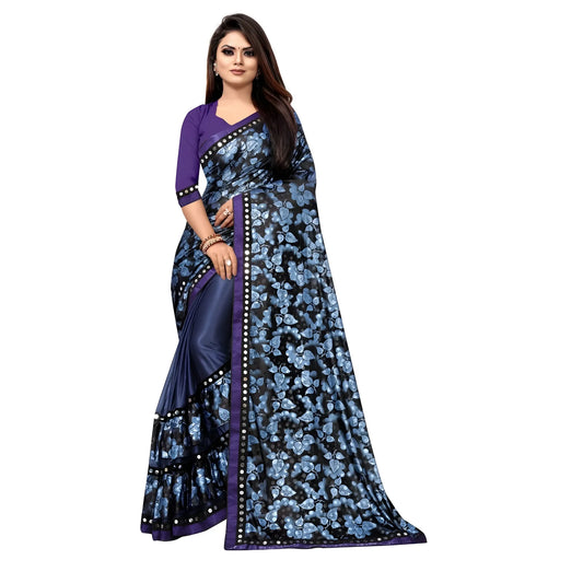 Women's Lycra Blend Saree with Blouse (Blue, 5-6 Mtrs)