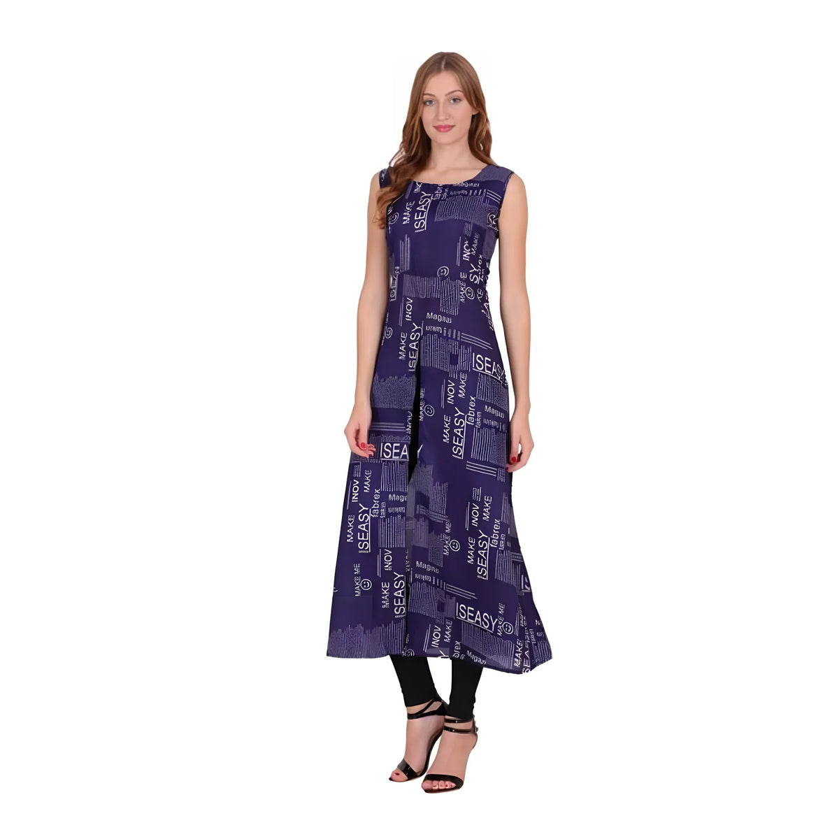 Women's Casual Crepe Sleeveless Slit Dress (Navy Blue)
