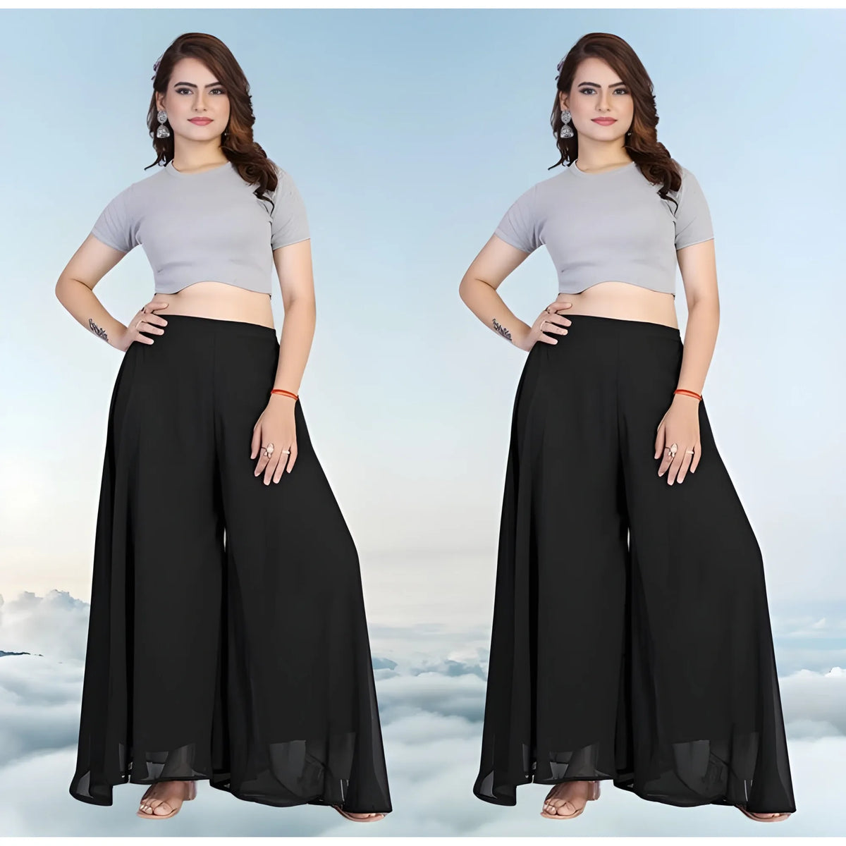 Women's Pack of 2 Georgette Solid High Rise Wide Leg Flared Palazzos with Elastic Waist (Black)
