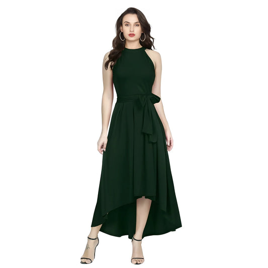 Women's Polyster Solid Halter Neck Sleeveless Dress (green) | Women Signature Collection