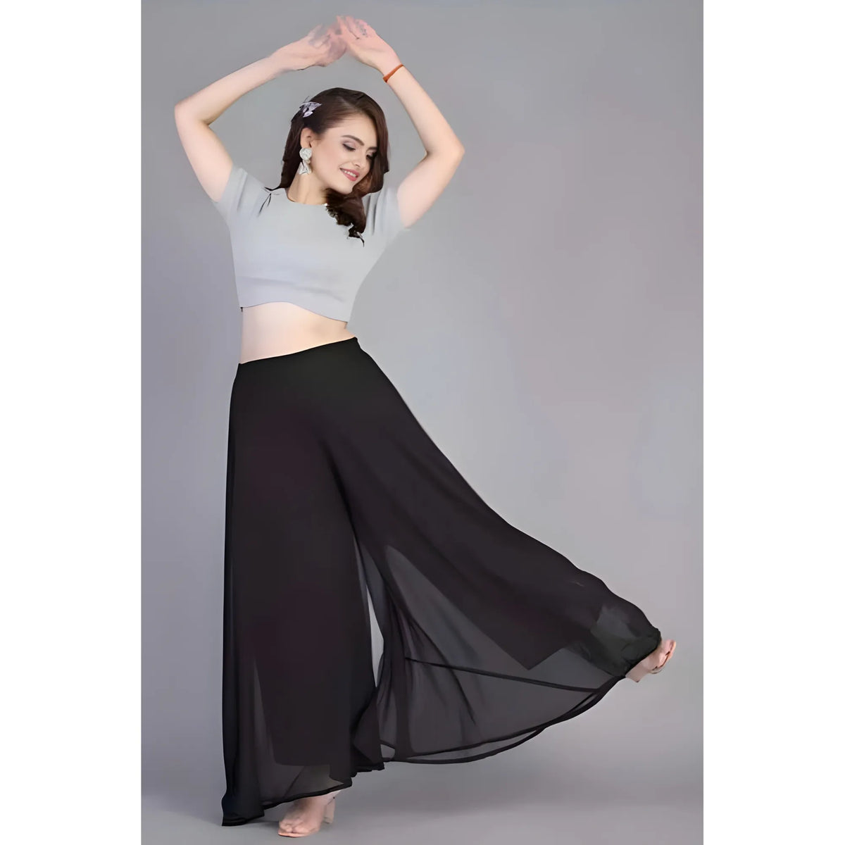 Women's Pack of 2 Georgette Solid High Rise Wide Leg Flared Palazzos with Elastic Waist (Black)