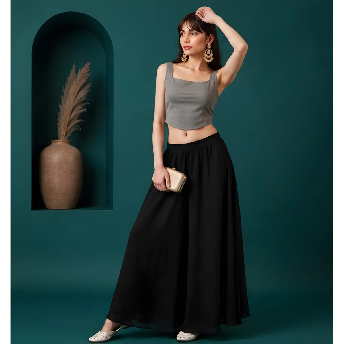 Women's Georgette Solid Mid-Rise Wide Leg Flared Palazzo with Elastic Waist (Black)