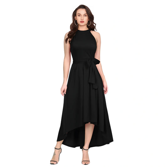 Women's Polyster Solid Halter Neck Sleeveless Dress (black) | Women Signature Collection