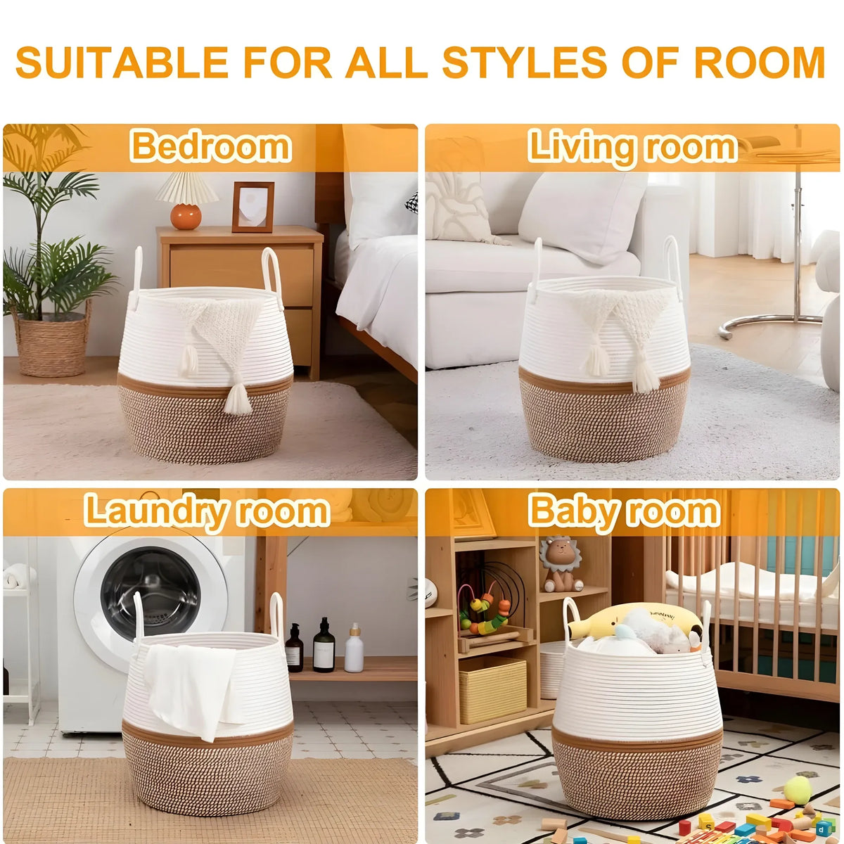 Cotton Matka With Handle 14x12 Inch Storage Basket For Clothes With Out Lid (Beige-White)