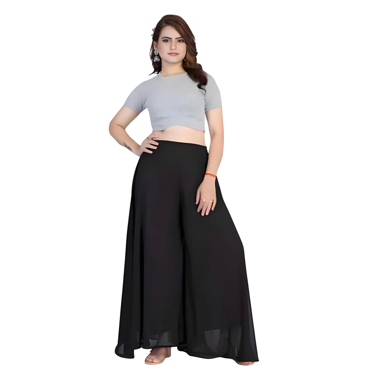 Women's Pack of 1 Georgette Solid High Rise Wide Leg Flared Palazzo with Elastic Waist (Black)