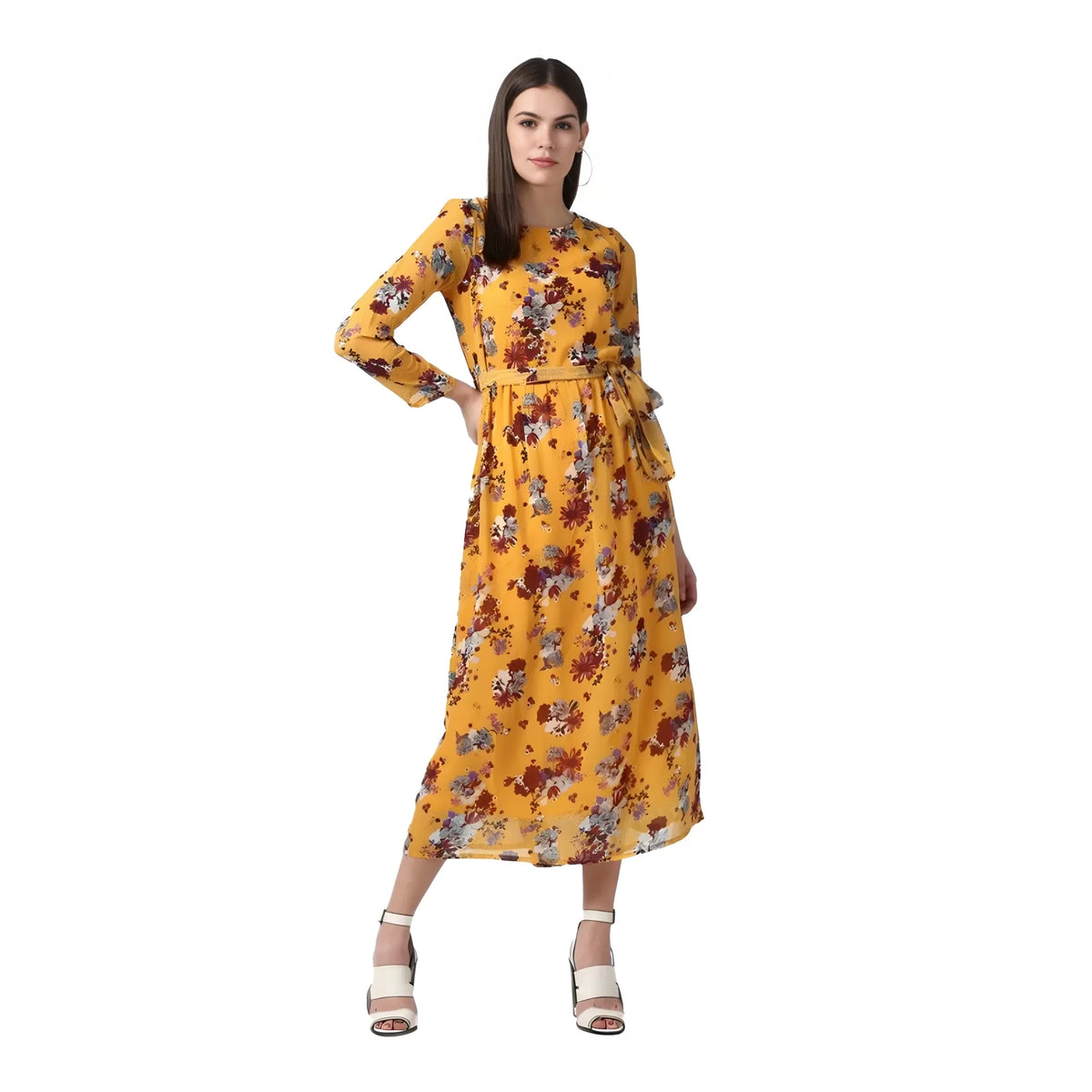Women's Polyester Floral Long Sleeves Calf Length Dress (yellow) | Women Signature Collection