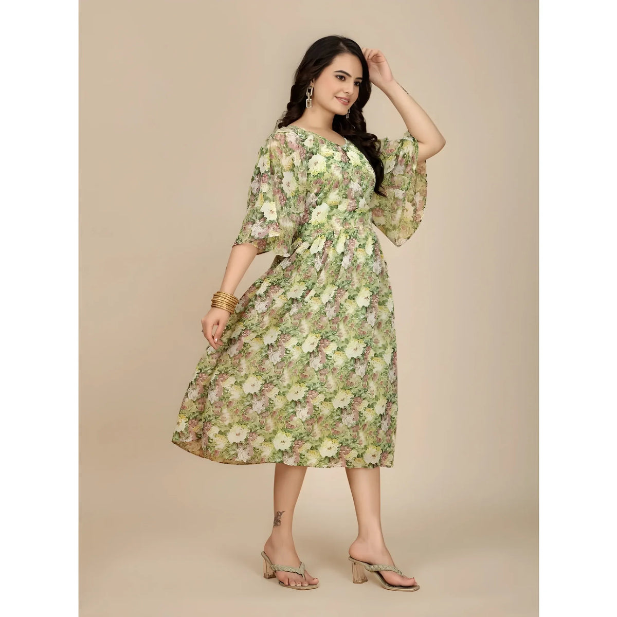 Women's Georgette Printed Round Neck Short Sleeve Dress (green) | Women Signature Collection