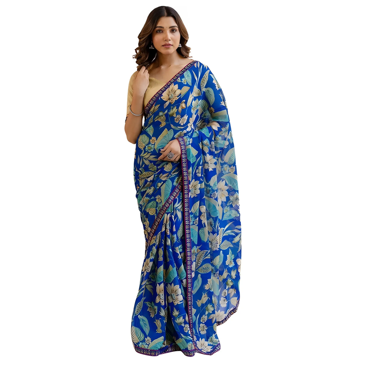 Women's Georgette Floral Printed Saree With Unstitched Blouse 5.5Mtr (Blue)