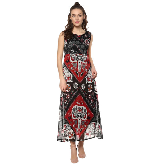 Women's Polyester Printed Sleeveless Dress (red Black) | Women Signature Collection