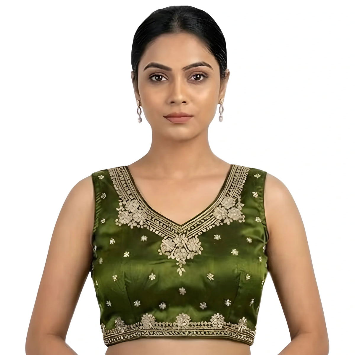 Women's Silk Embroidered V-Neck Sleeveless Readymade Padded Blouse (Mahendi, Size 38)