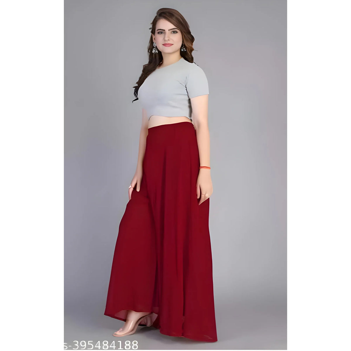 Women's Pack of 2 Georgette Solid High Rise Wide Leg Flared Palazzos with Elastic Waist (Maroon)