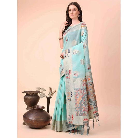 Azure Aurora Linen Saree with Unstitched Blouse 5.5 m