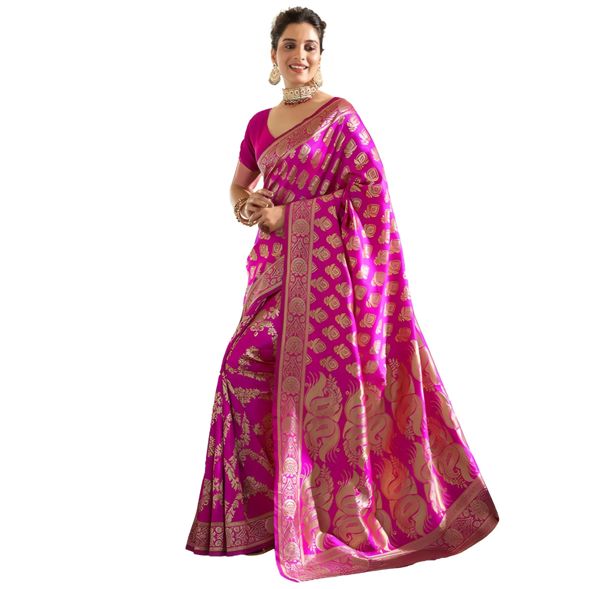 Women's Jacquard Printed Saree With Unstitched Blouse 5.5Mtr (Pink)