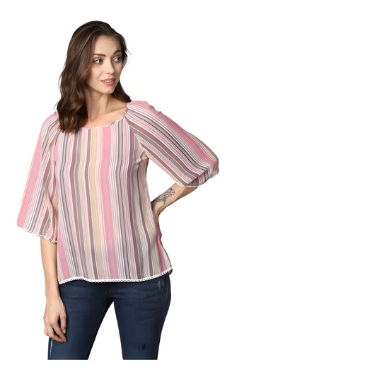 Women's Polyester Striped 3-4th Sleeves Top (Pink)