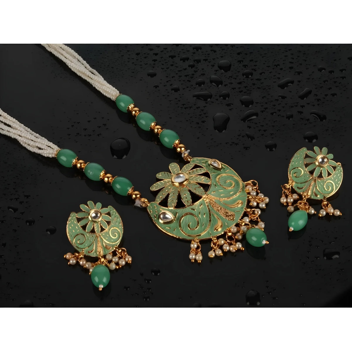 Women's Rose Gold Plated Alloy Necklace &amp; Earings Set (Green)