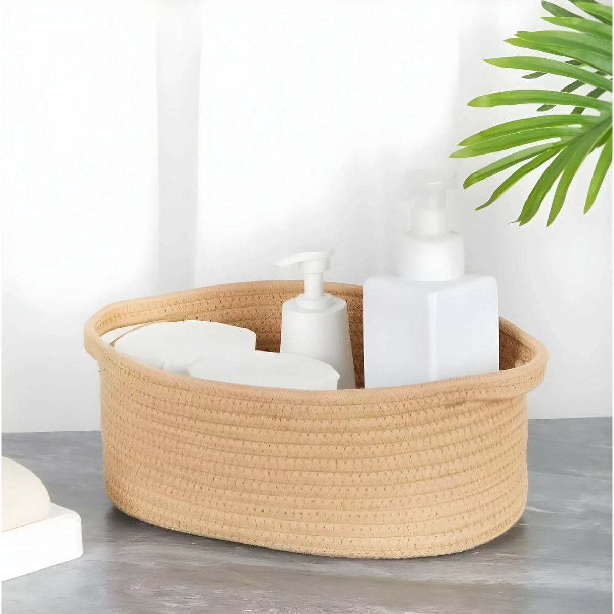 Cotton 2 Pcs 10x7x4 Inch Oval Storage Basket For Clothes (Beige)