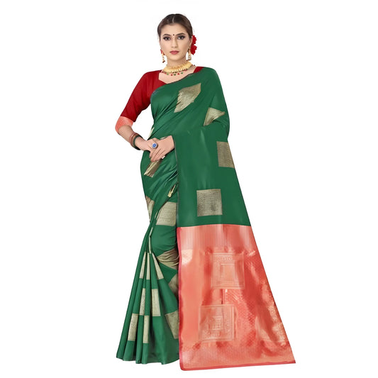 Women's Soft Lichi Silk Printed Saree With Unstitched Blouse 5.5Mtr (Green)